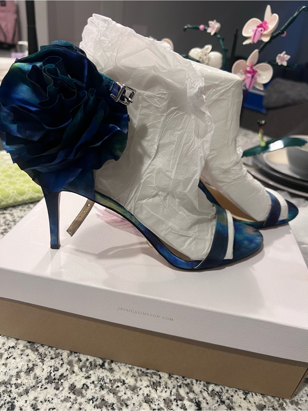 Jessica Simpson Iridescent Blue-Green Satin Rosette Stiletto Sandals